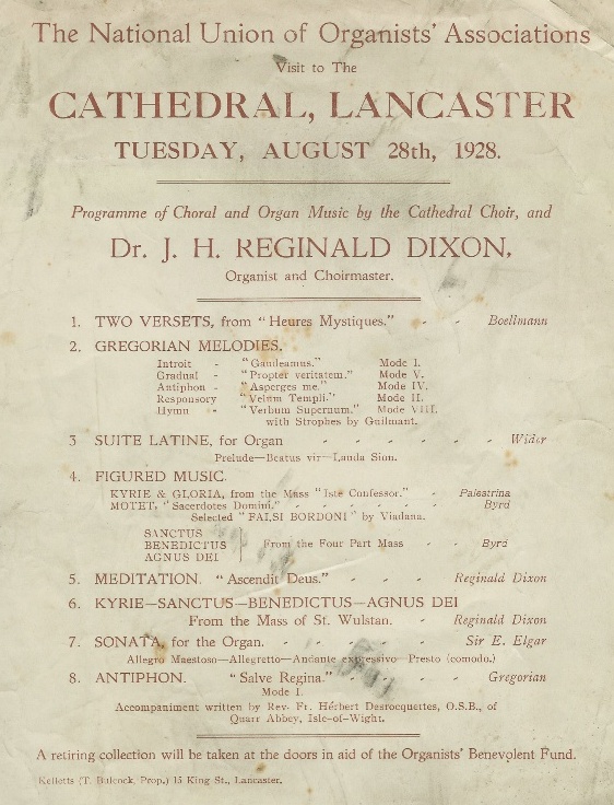 Programme for a recital given by J.H. Reginald Dixon at the Cathedral in 1928