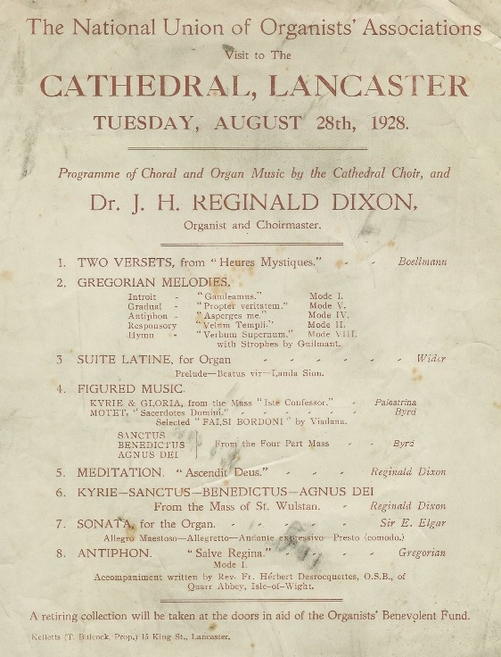 Programme for a recital given by J.H. Reginald Dixon at the Cathedral in 1928