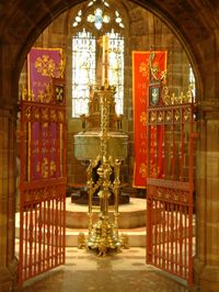 The entrance to the Baptistery; the font is placed in the centre.